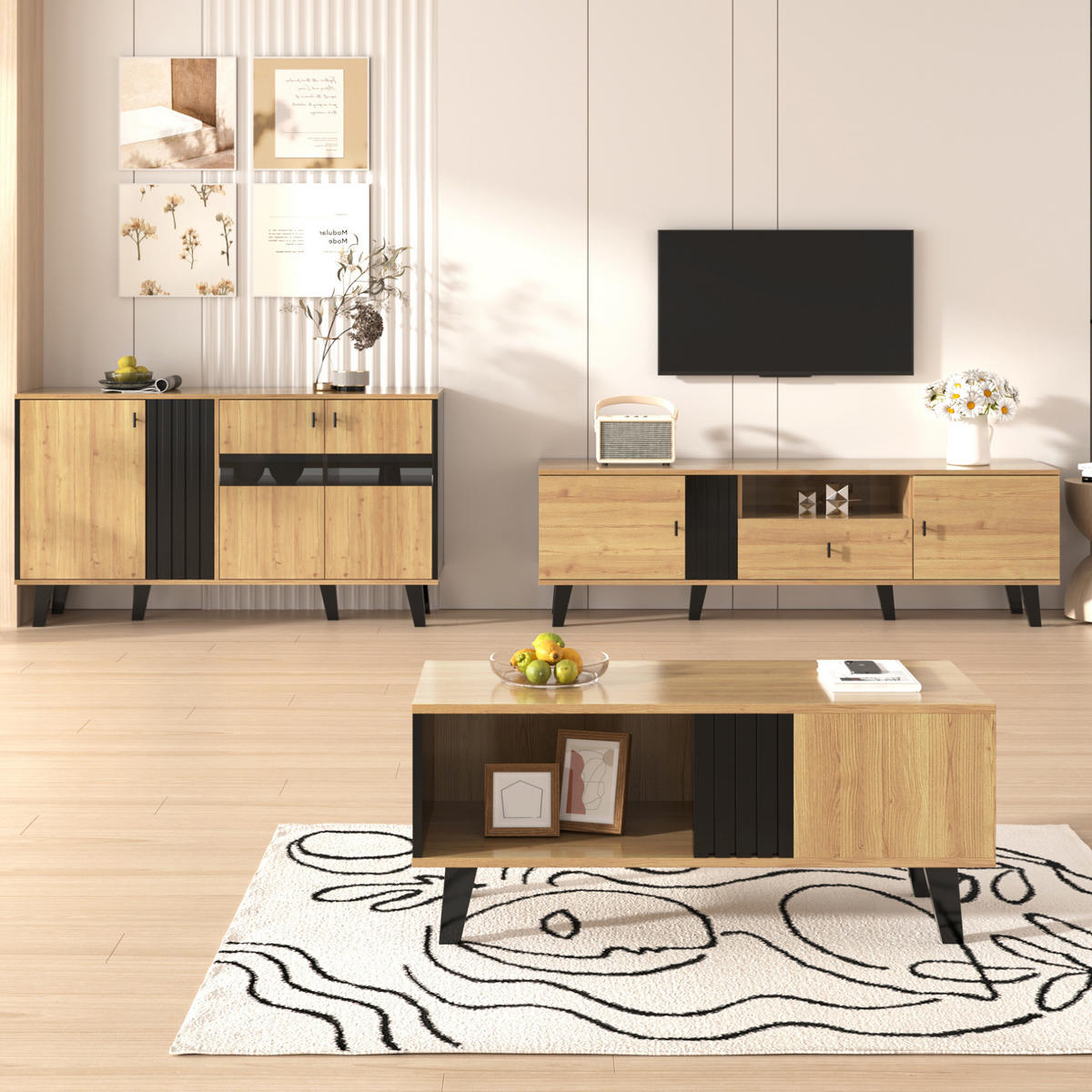 SIDEBOARD 80/120/40 cm in Holzfarben/Schwarz mit Glastüren und LED-Beleuchtung - Naturfarben, Holzwerkstoff (80/40/120cm) - Flora Grace