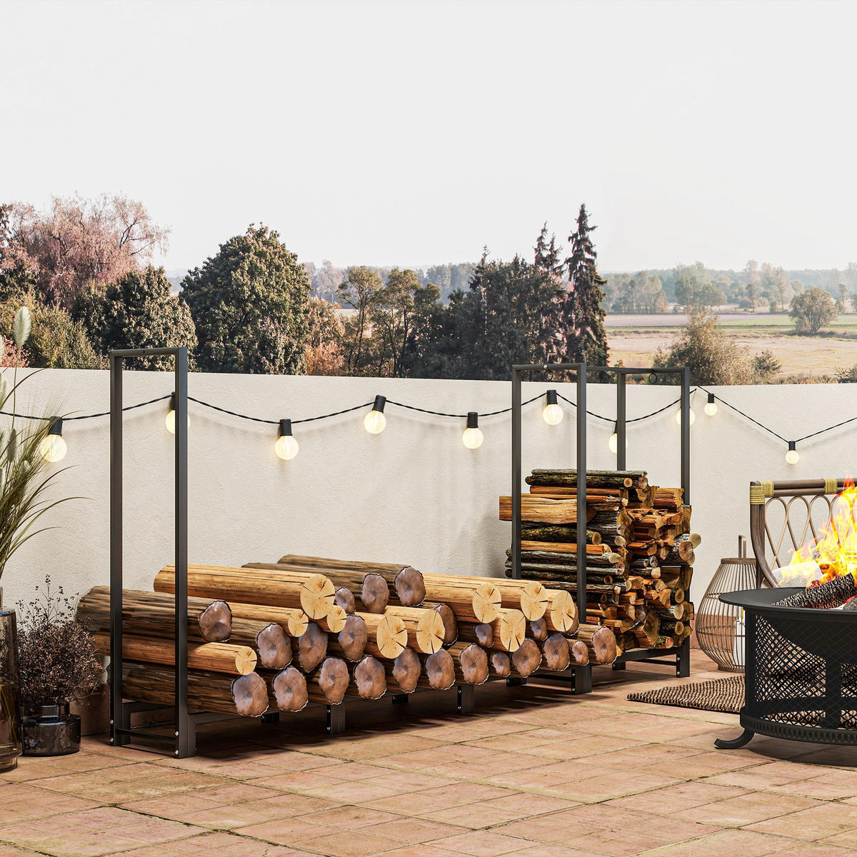 KAMINHOLZREGAL bis 300 kg - Schwarz, Metall (32/115/240cm) - Outsunny