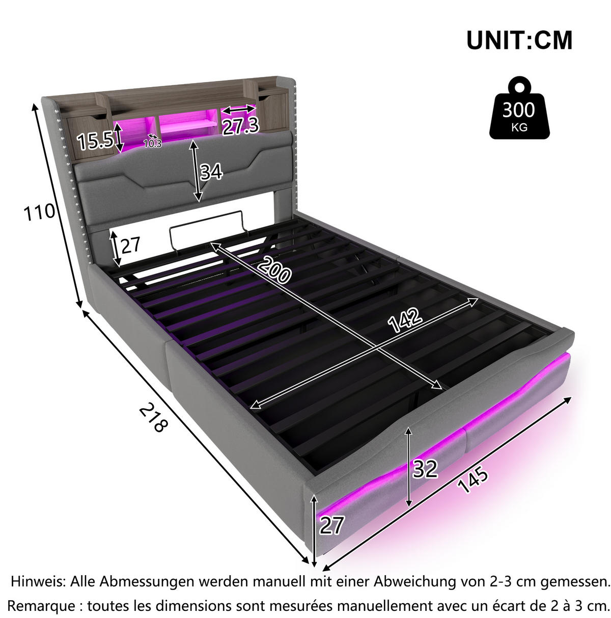 ČALÚNENÁ posteľ 140/200 cm s hydraulickým úložným priestorom, LED osvetlením, USB/Typ-C nabíjaním a čelom s odkladacím priestorom, Sivá - sivá, textil (140/200cm) - Redom