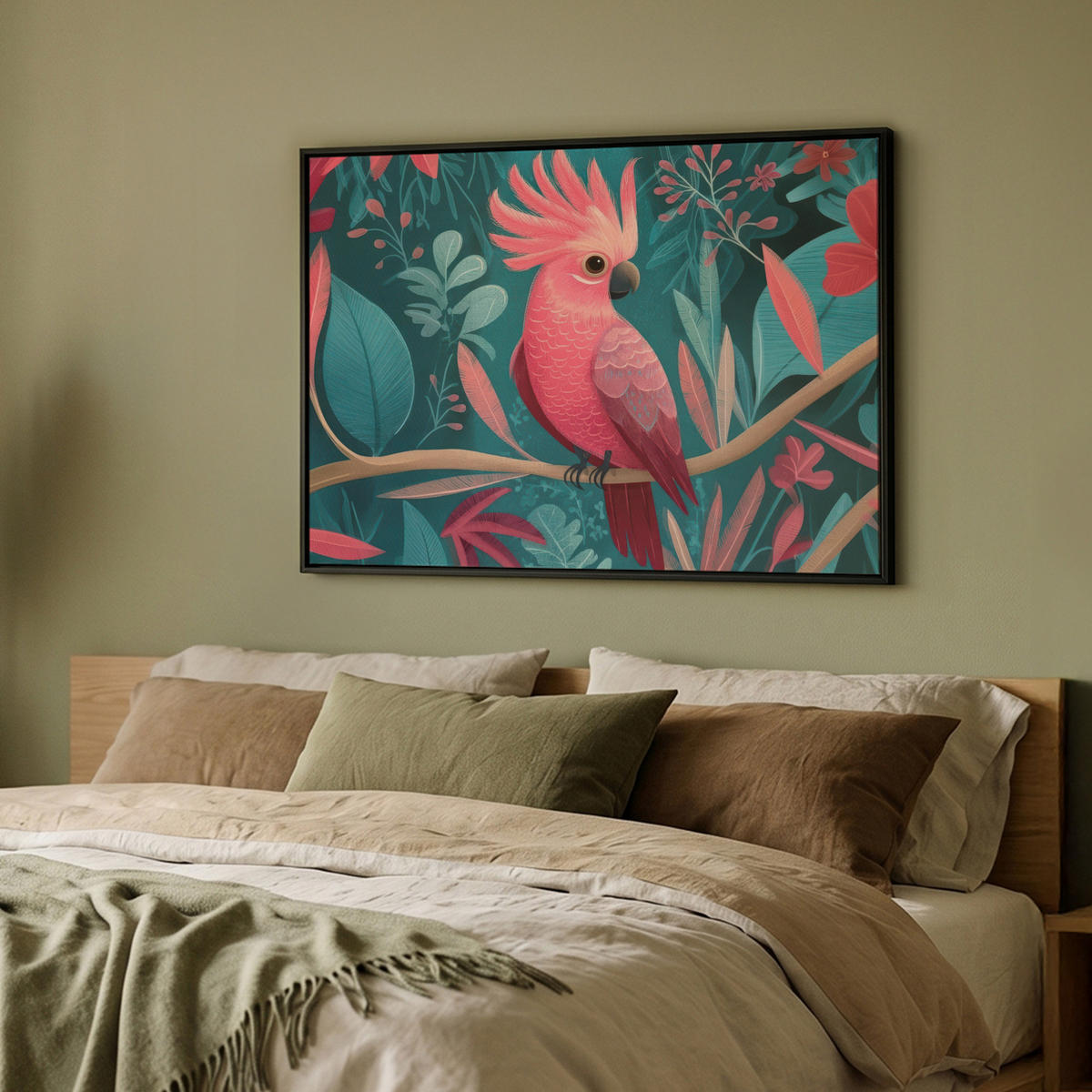 LEINWAND Bilder mit Rahmen - Kakadu - Tropische Blätter - Zweig - 100x70 - Petrol, Textil (100/70cm) - MuchoWow