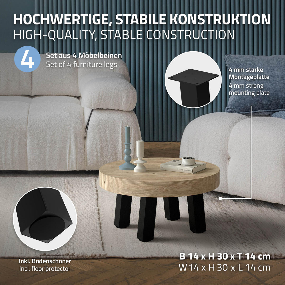 TISCHBEINE 4er Set I-96GRAD-Design H:30 cm Schwarz 8x8 cm - Schwarz, Metall (8/30/8cm) - ML-DESIGN