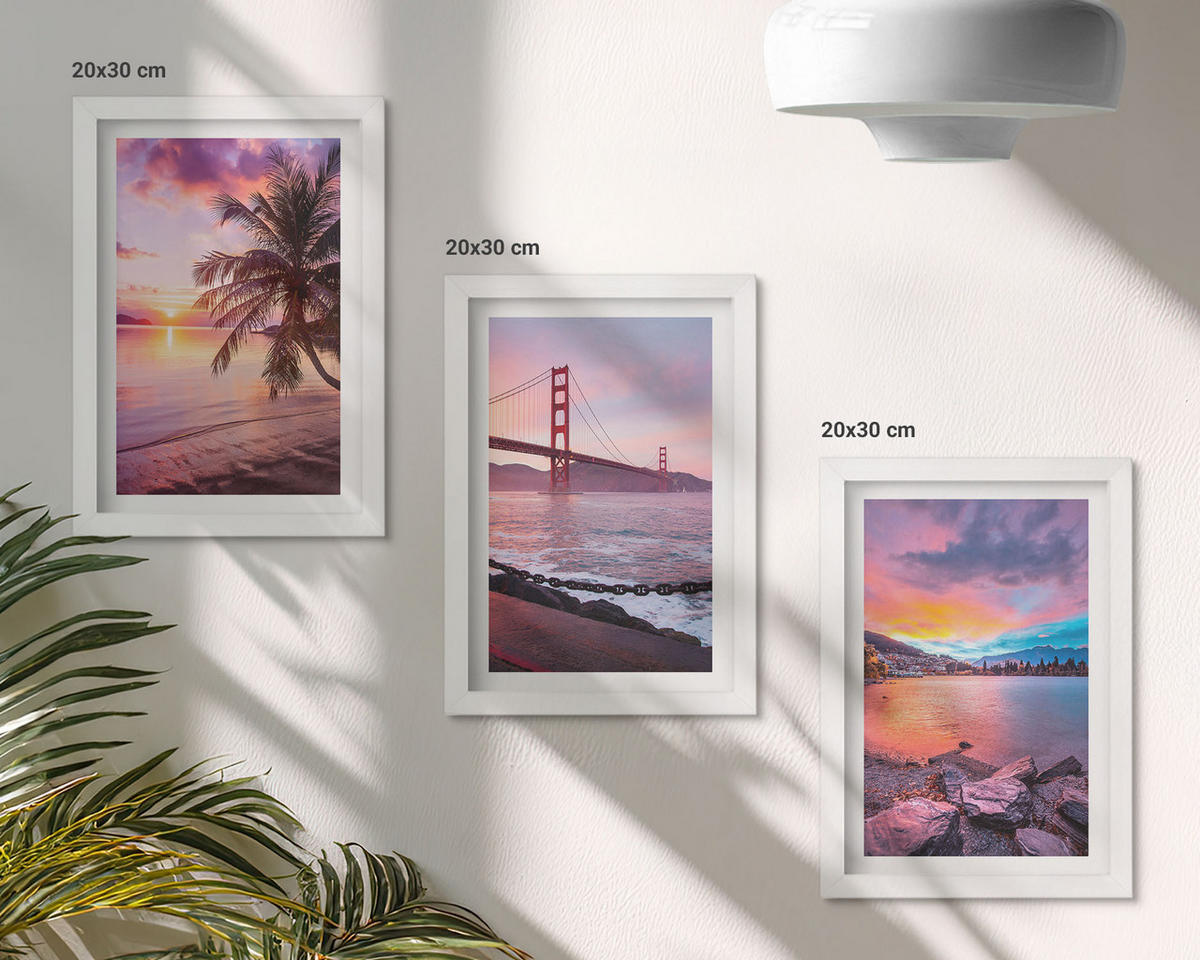 WANDBILDER 3er-Set - 20x30 cm Weißer Rahmen - Sonnenuntergangsbrücke Landschaft - Weiß, Kunststoff (20/30cm) - ArtPrintCave