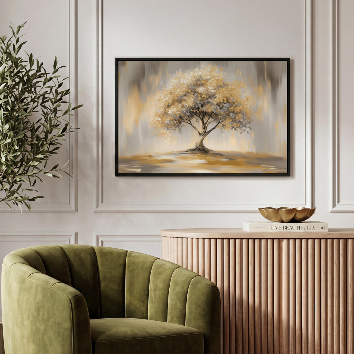 LEINWAND Bilder mit Rahmen - Gemälde - Baum - Abstrakt - Blätter - 60x40 - Beige, Textil (60/40cm) - MuchoWow