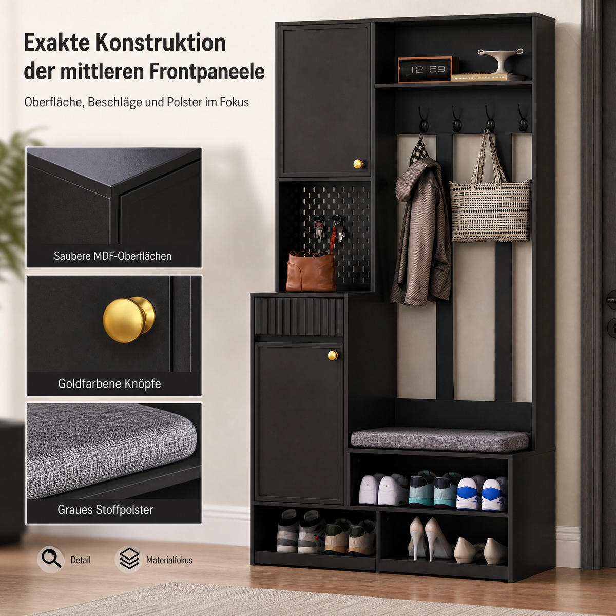 GARDEROBE 100/180/35 cm Schwarz aus MDF mit Sitzbank - Schwarz/Grau, Holzwerkstoff (35/180/100cm) - OKMYHOME