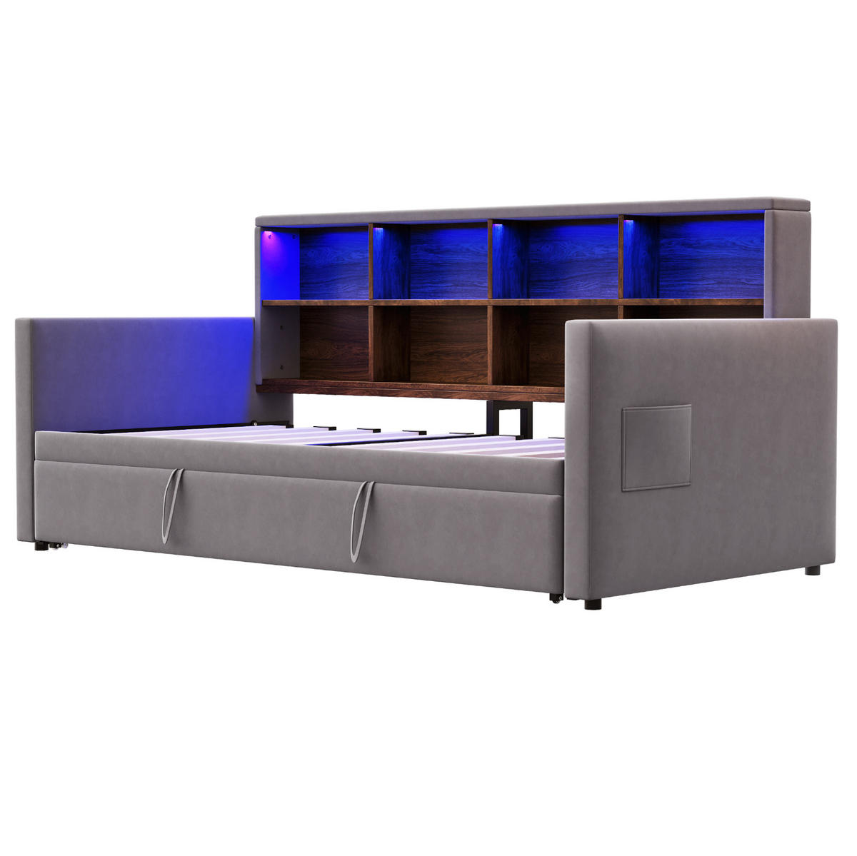 POLSTERBETT aus Samt 90x190 cm Dunkelgrau mit Ausziehbett, LED-Beleuchtung, Steckdosen und Stauraum im Kopfteil - Dunkelgrau, Textil (90/190cm) - Modfu