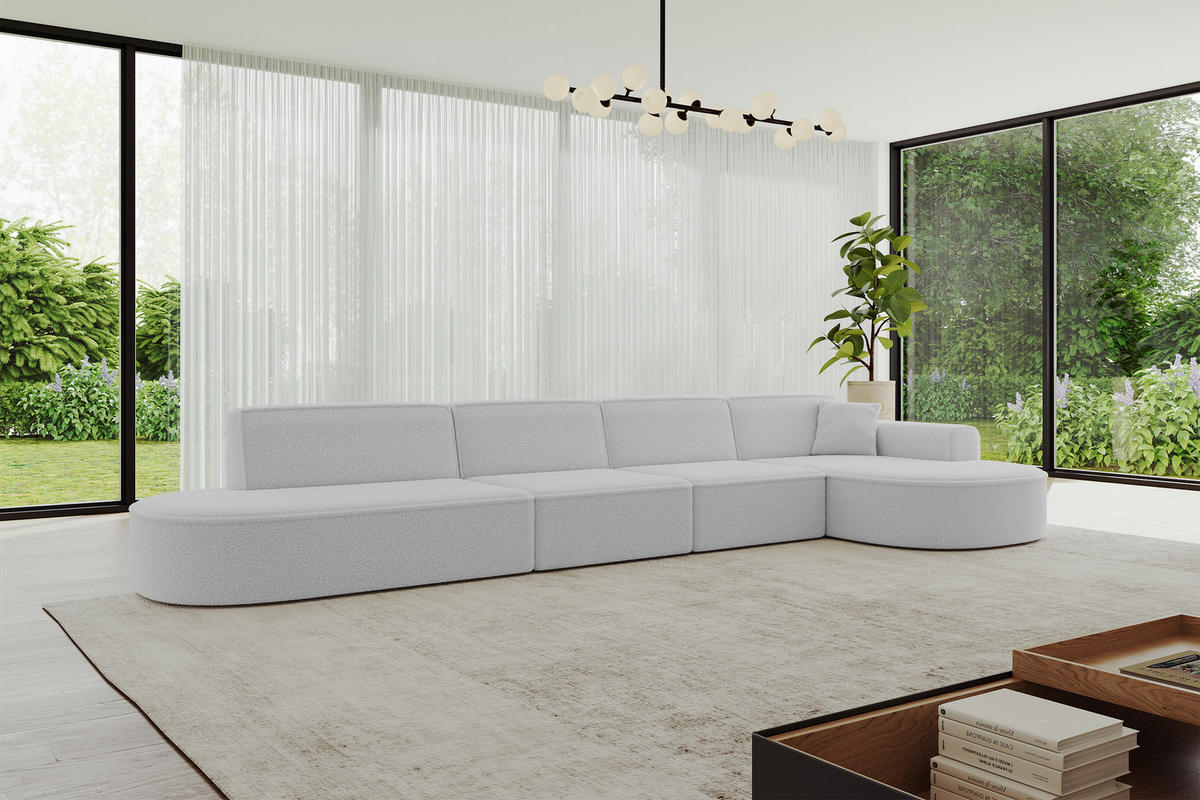 ECKSOFA Ottomane Rechts MARI-L3 - 413x171x79 cm Hellgrau Bouclé - Hellgrau/Schwarz, Holzwerkstoff/Kunststoff (171/413cm) - ALTDECOR