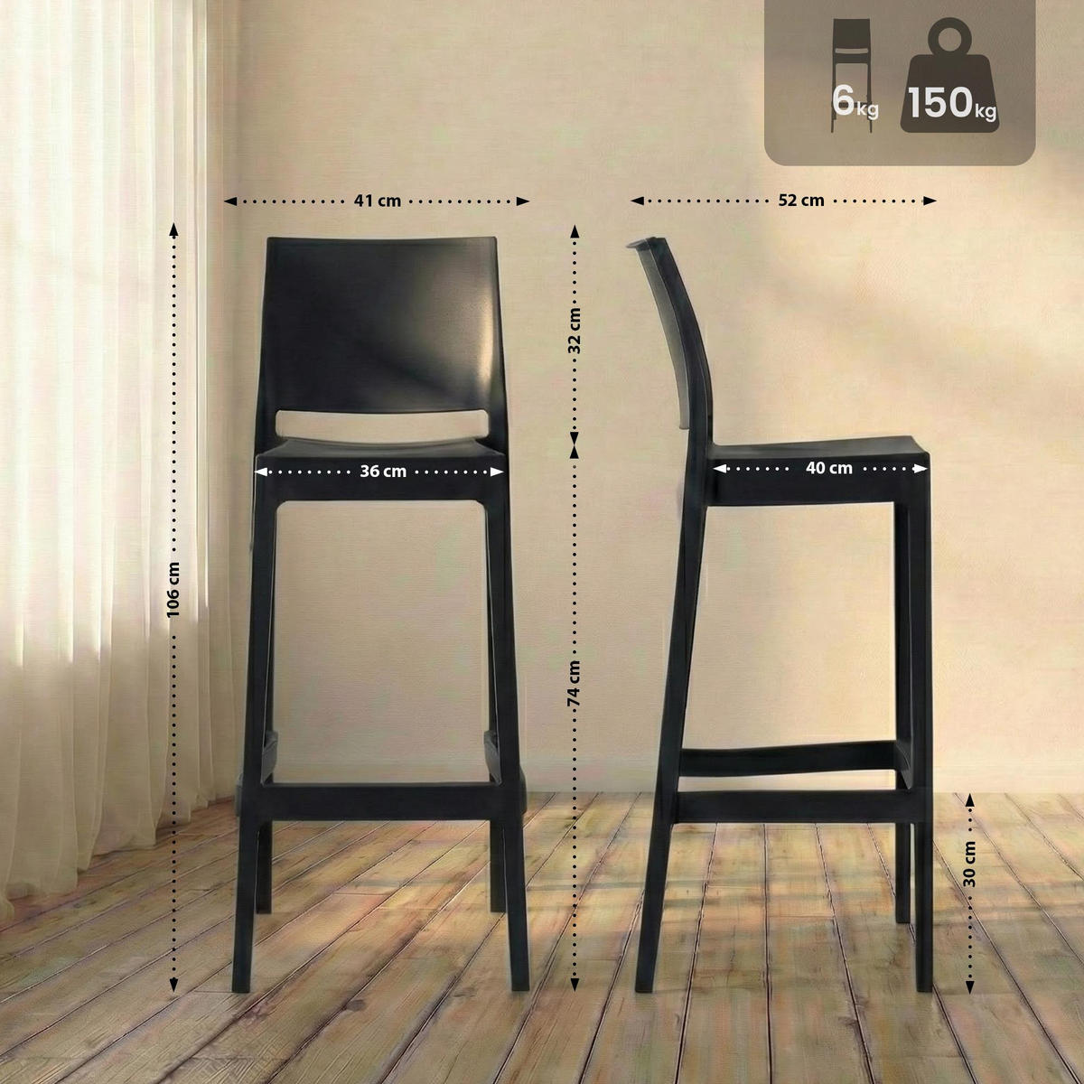 BARHOCKER Kunststoff Schwarz - Schwarz, Kunststoff (41/106/52cm) - CLP