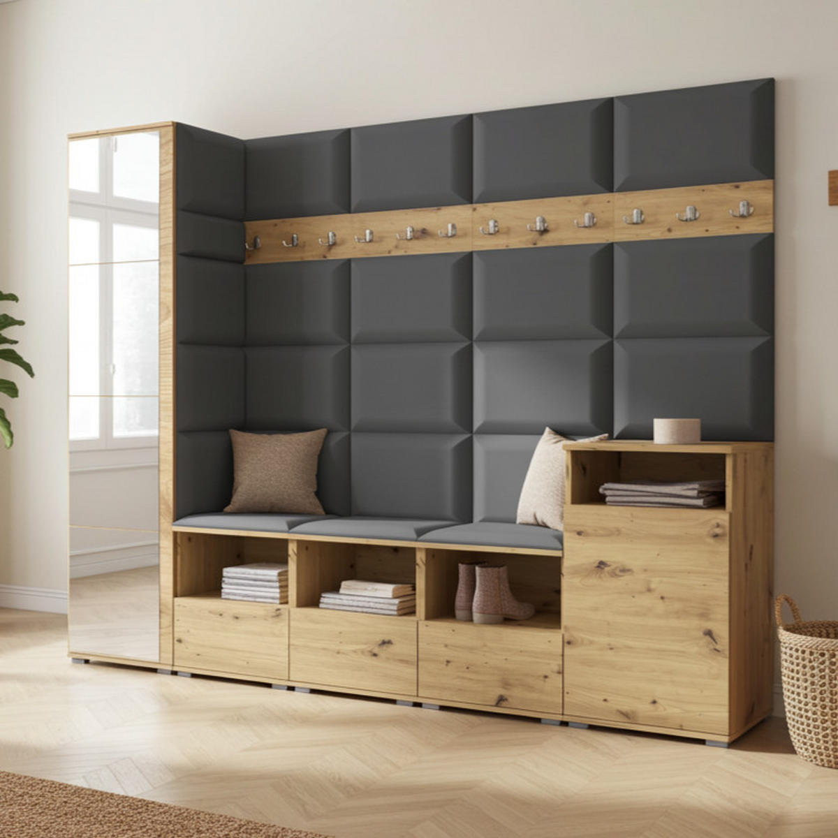 GARDEROBE NELA XI 250 cm (Modulare Flurmöbel Artisan Eiche mit Spiegel & Sitzpolster Dunkelgrau 15 Großes Set) - Dunkelgrau/Silberfarben, Holz/Holzwerkstoff (250/187/40cm) - Ravio