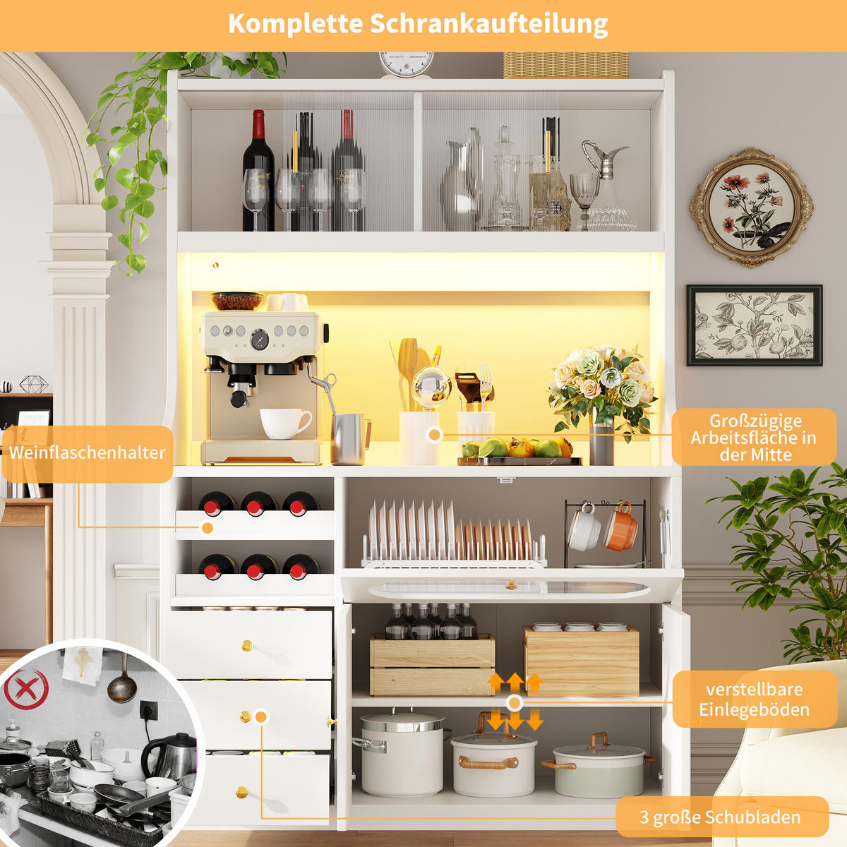 BUFFET DE-38487 120/40/180 cm mit LED-Beleuchtung und Weinregal Weiß - Weiß, Holzwerkstoff (120/180/40cm) - ComfortXL