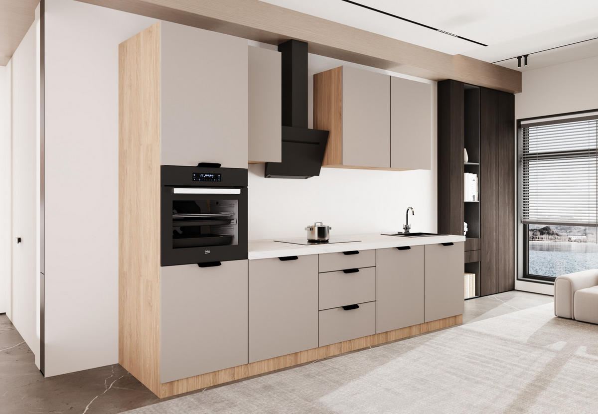 KÜCHENZEILE 300 cm - Sorento KS1-M300 - in Beige/ Sonoma Eiche - Beige/Schwarz, Holz (300/247/58cm)