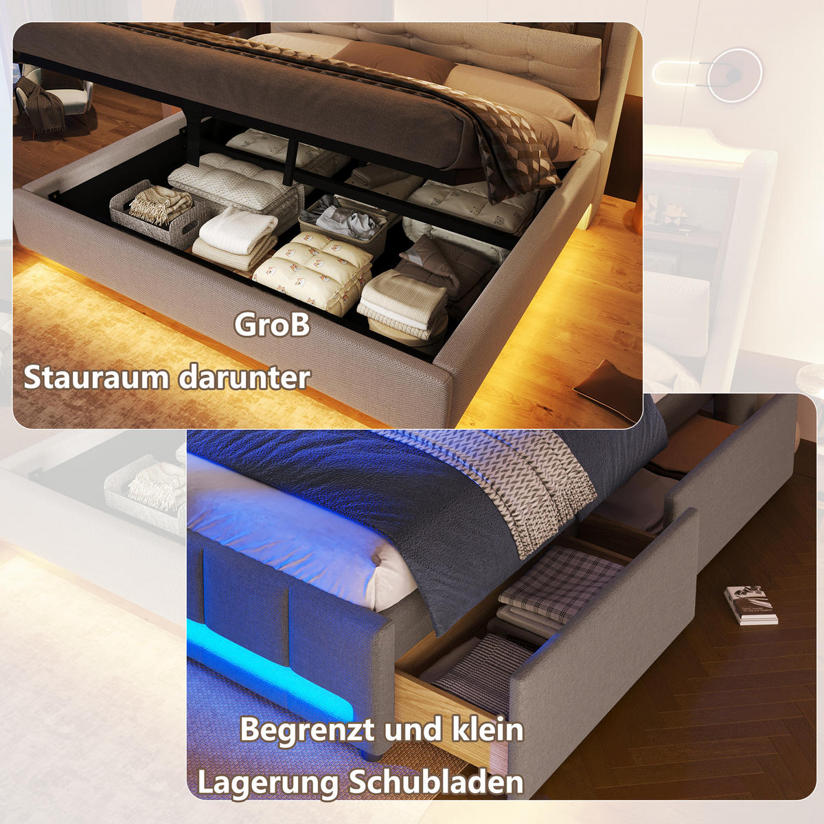 POLSTERBETT 140x200cm Beige LED-Licht Hydraulik USB Leinen - Beige, Holz (140/200cm) - FLIEKS