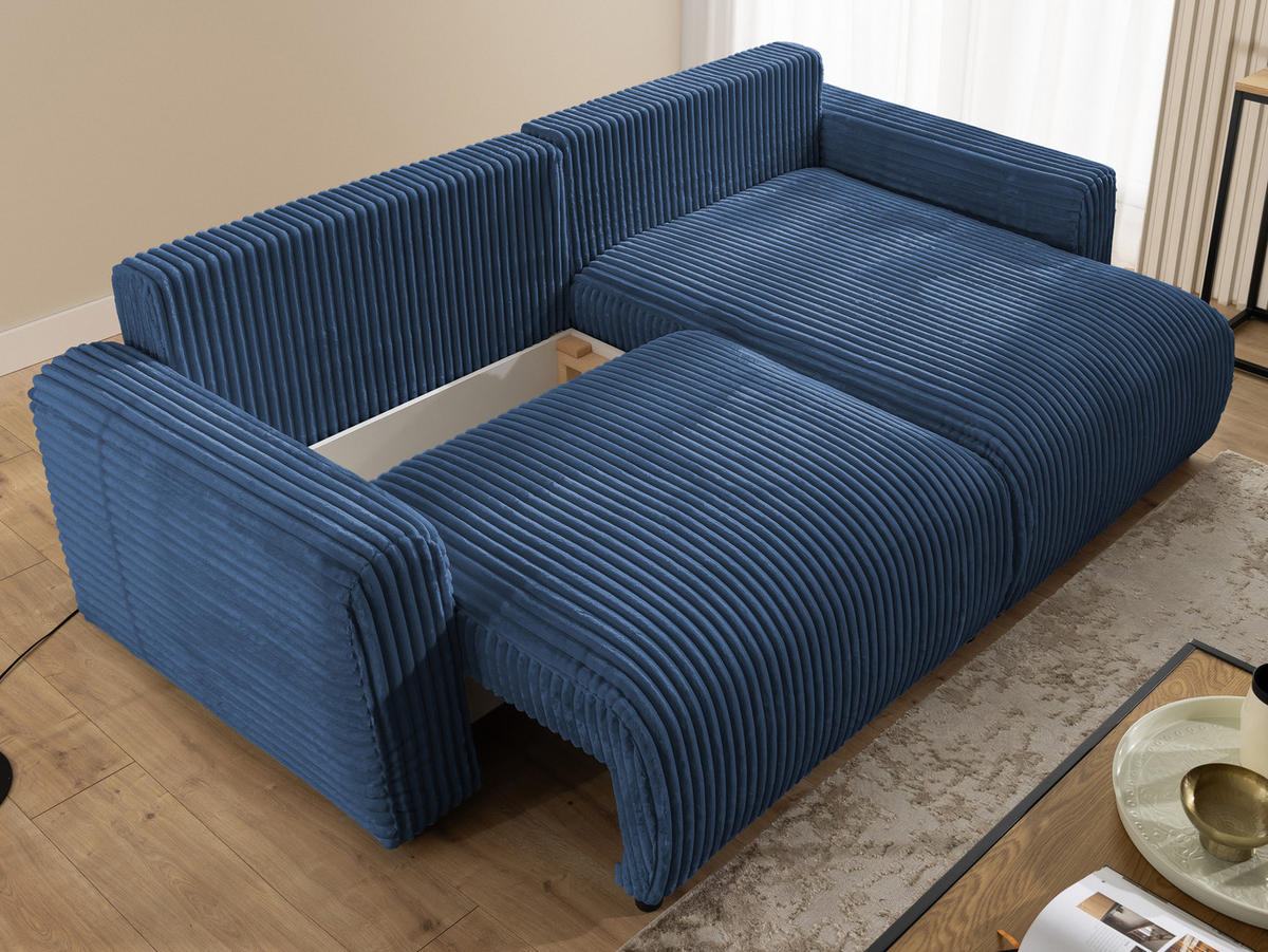 ECKSOFA Calma mit Schlaffunktion und Bettkasten im Bumpy-Design aus weichem Marineblau Plüschcord - Ottomane rechts - Blau/Schwarz, Holz/Kunststoff (140/239cm) - S-Style