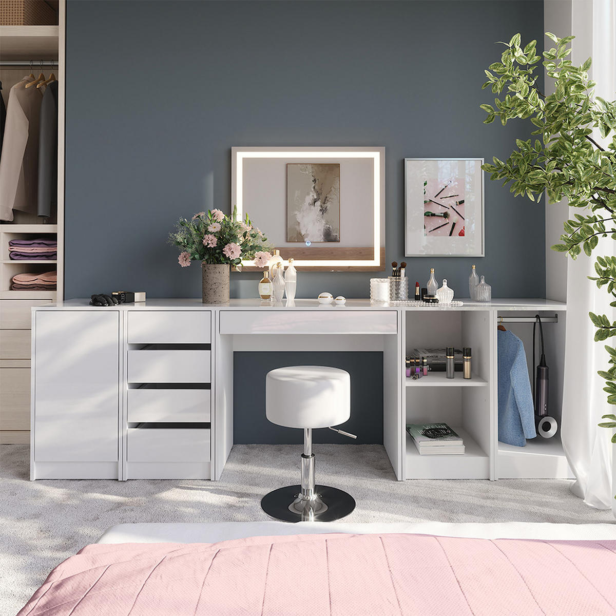 SCHMINKTISCH Sherry Weiß/Weiß Hochglanz 81.4 cm mit LED-Spiegel - Weiß Hochglanz, Holzwerkstoff (81.4/76/50.1cm) - Vicco