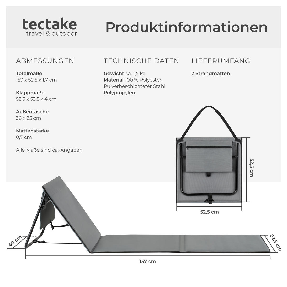 STRANDMATTE 2er Set Mina,inkl. Aufbewahrungstasche,grau/blau - Blau/Grau, Kunststoff (52.5/1.7/157cm) - tectake
