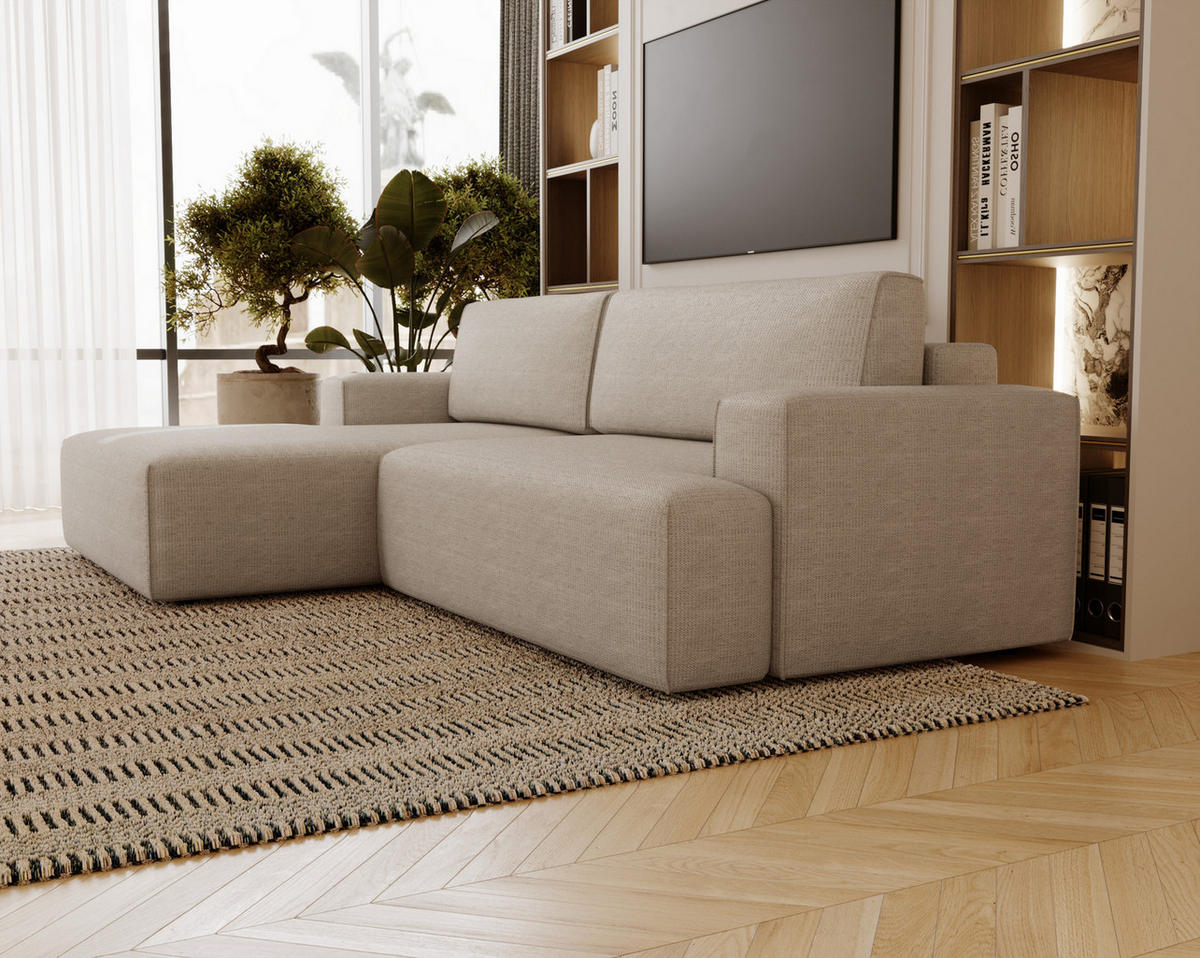 ECKSOFA L-Form 270 cm Boston mit Bettkasten, Schlaffunktion, Links, Beige - Beige, Holz (165/270cm) - Emporius