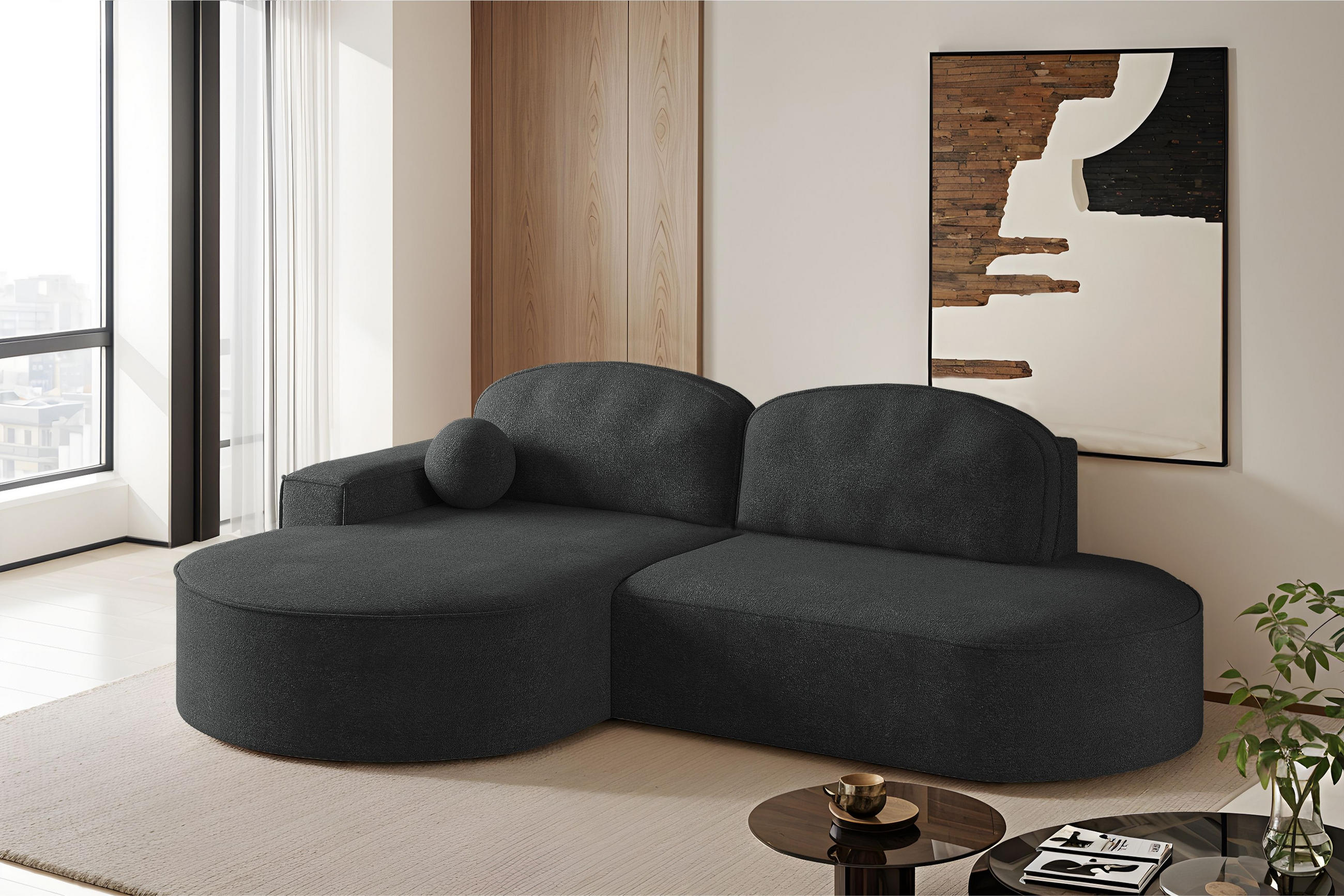 ECKSOFA mit Schlaffunktion und Bettkasten Modena Runden stoff Arena Graphit Links - Graphitfarben, Holz (179/278cm) - Kaiser Möbel