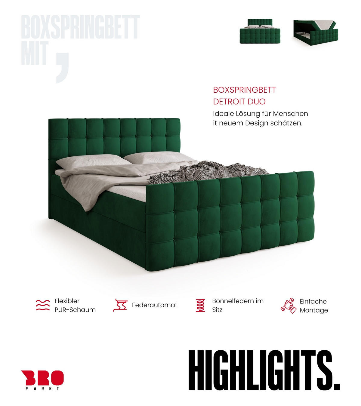 BOXBETT Detroit Duo mit Topper 140/200 Dunkelgrün - Dunkelgrün, Textil (140/200cm) - Bromarkt