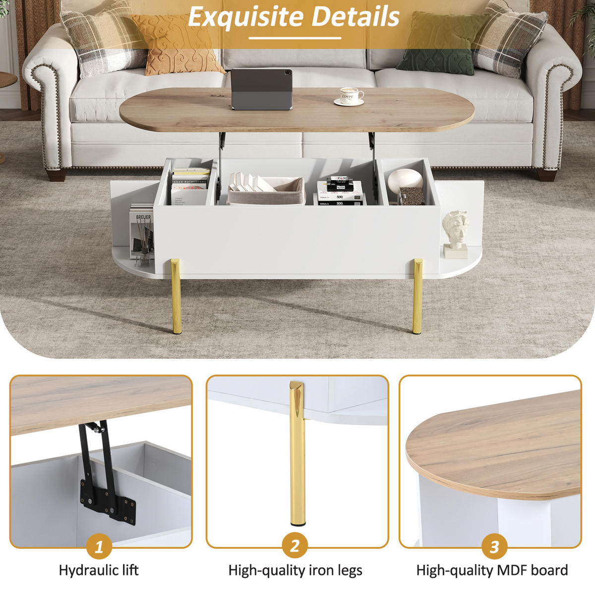 COUCHTISCH 120/50/43 cm weiß aus MDF mit höhenverstellbarer Tischplatte und Stauraum - Weiß, Holzwerkstoff (120/50/43cm) - OKMYHOME