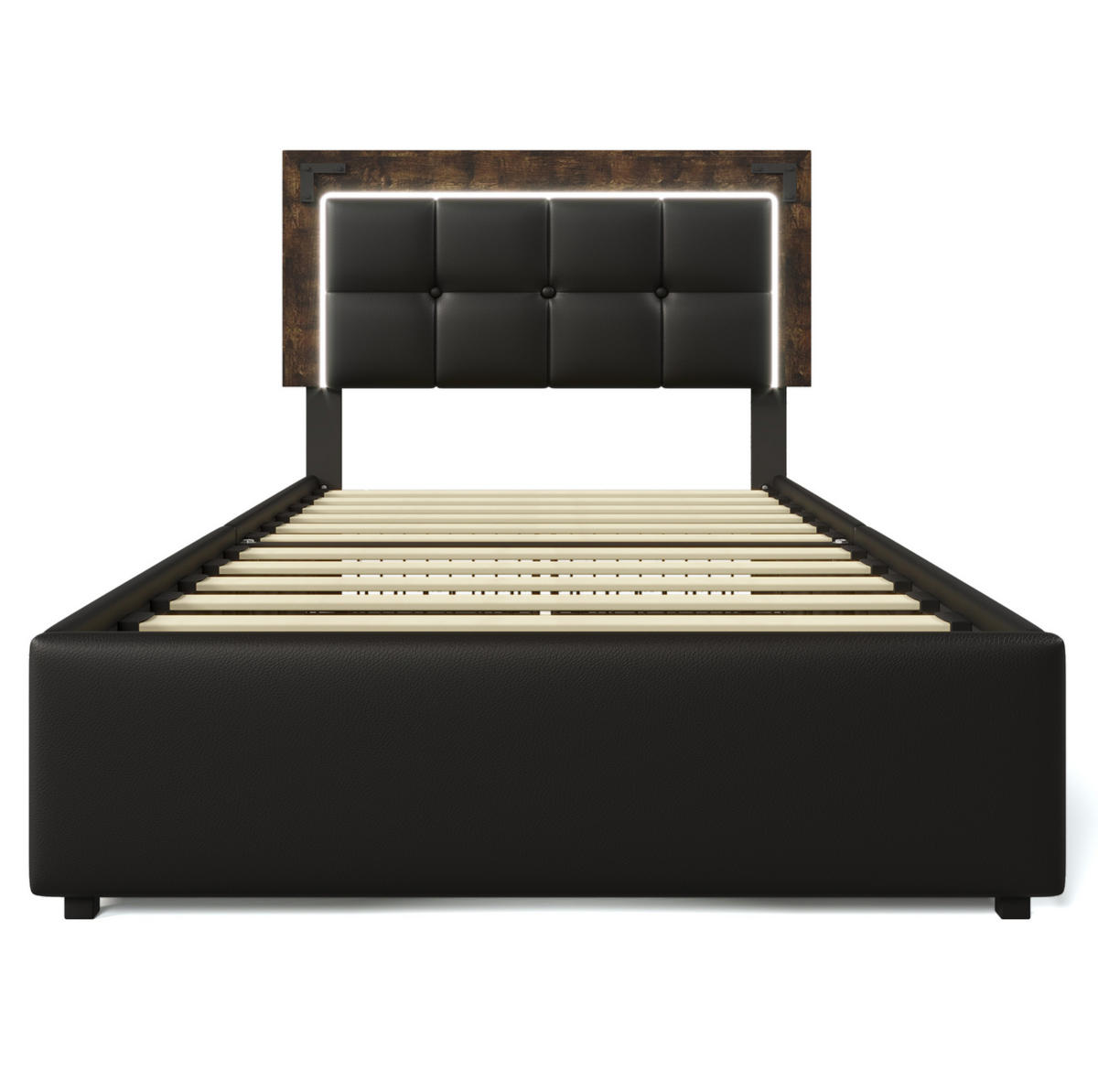 TAPECIRANI krevet od PU umjetne kože 90x200 cm crni s LED rasvjetom, 4 ladice, podesivim uzglavljem i madracem - crna, koža (90/200cm) - Modfu