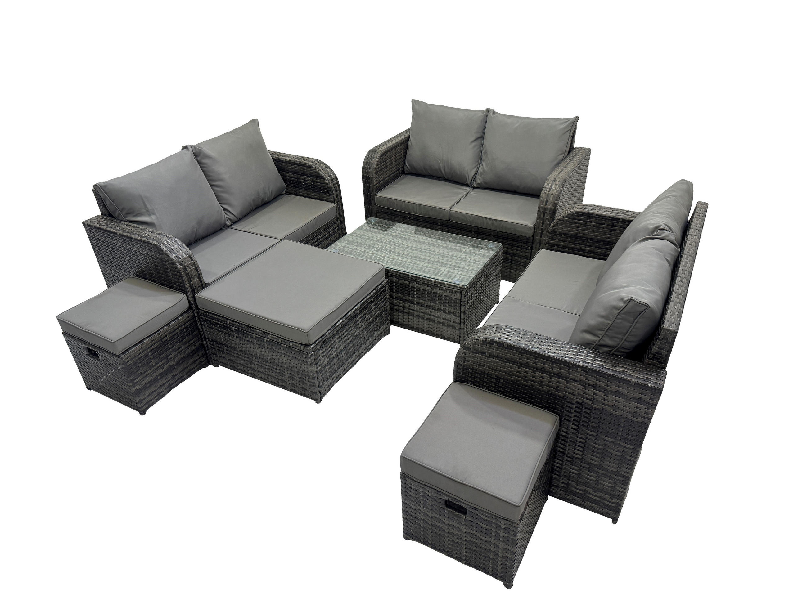GARTENMÖBELGARNITUR mit KISSEN Polyrattan Dunkelgrau 9-Sitzer - Dunkelgrau/Grau, Glas/Kunststoff - Fimous