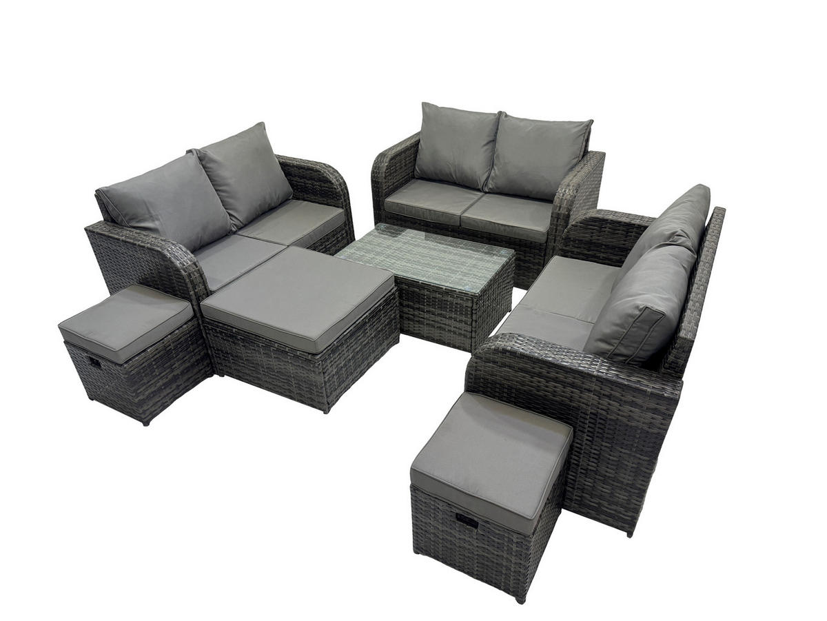 GARTENMÖBELGARNITUR mit KISSEN Polyrattan Dunkelgrau 9-Sitzer - Dunkelgrau/Grau, Glas/Kunststoff - Fimous
