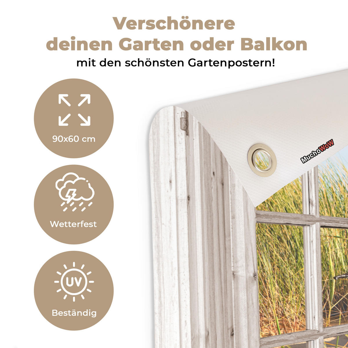 ZAHRADNÍ PLAKÁT Průhled - Pláž - Moře - Duny - Písek - Voda - Vysoká tráva 90x60 cm - písková barva, plast (90/60/0.2cm) - OnlyWow
