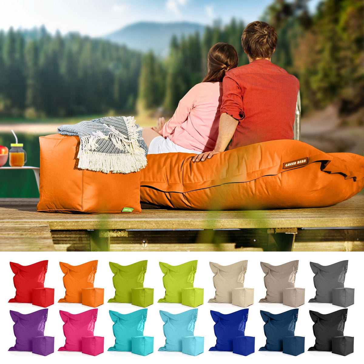 XXL-SITZSACK + Pouf 2er Set - 140x180cm - Orange, Textil (140/25/180cm) - Green Bean