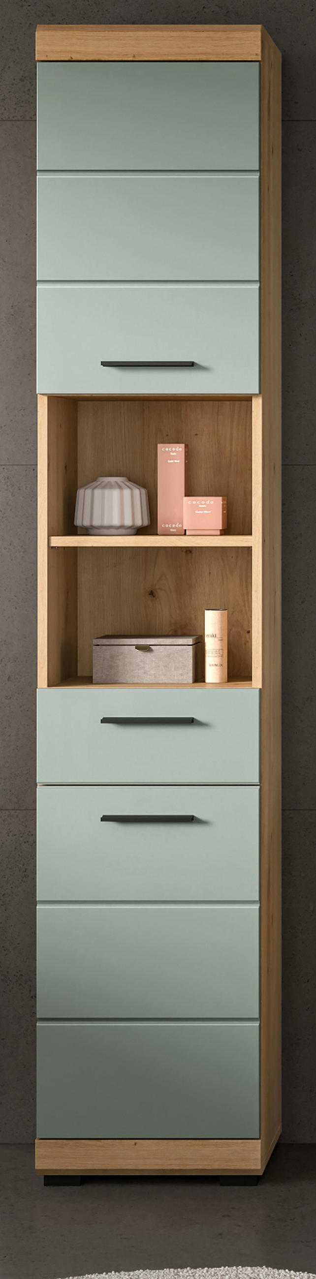 HOCHSCHRANK Salbei grün, Eiche Artisan 37 cm, Badschrank mit 6 Fächern - Salbeigrün/Schwarz, Holzwerkstoff/Kunststoff (37/191/31cm) - Inn.Furn