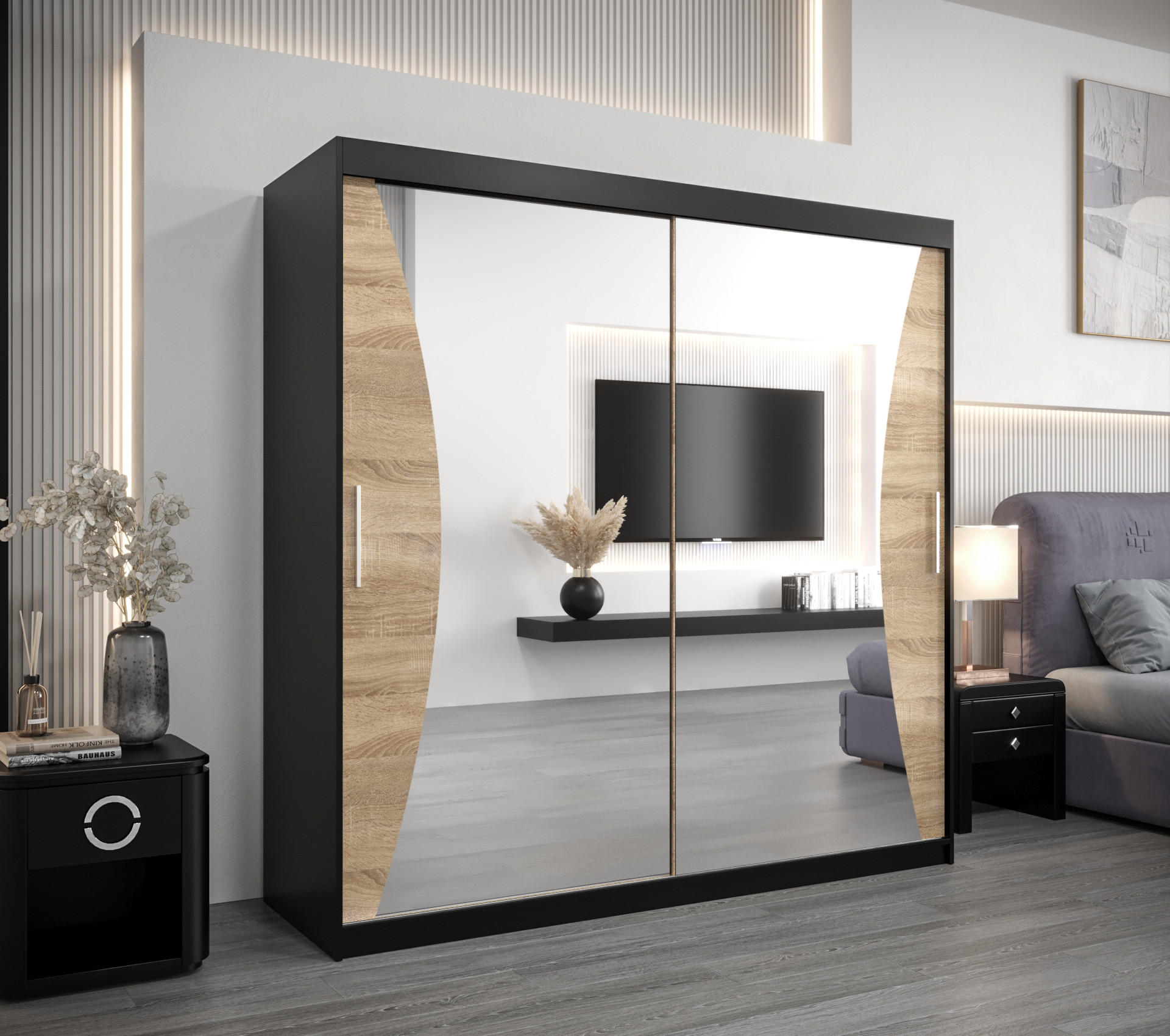 SCHWEBETÜRENSCHRANK 200/200/62 2-türig - Silberfarben/Schwarz, Holz/Kunststoff (200/200/62cm) - Abiks Möbel