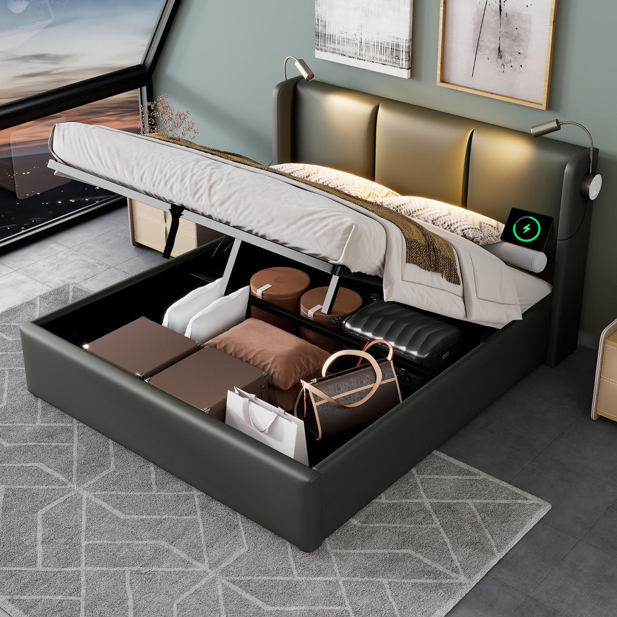 POLSTERBETT 180/200 cm Beige mit USB-Ladefunktion und Stauraum - Beige, Textil (180/200cm) - Oxeza