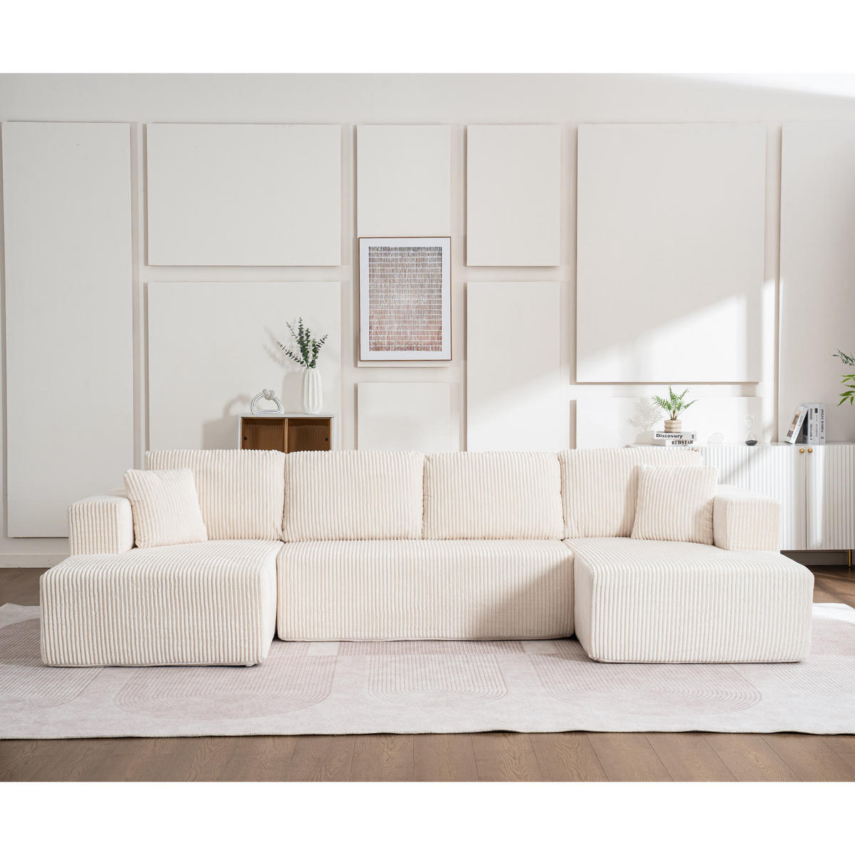 WOHNLANDSCHAFT Cord Weiß mit Schlaffunktion und Kissen - Weiß, Textil (332/88/156cm) - WISHDOR