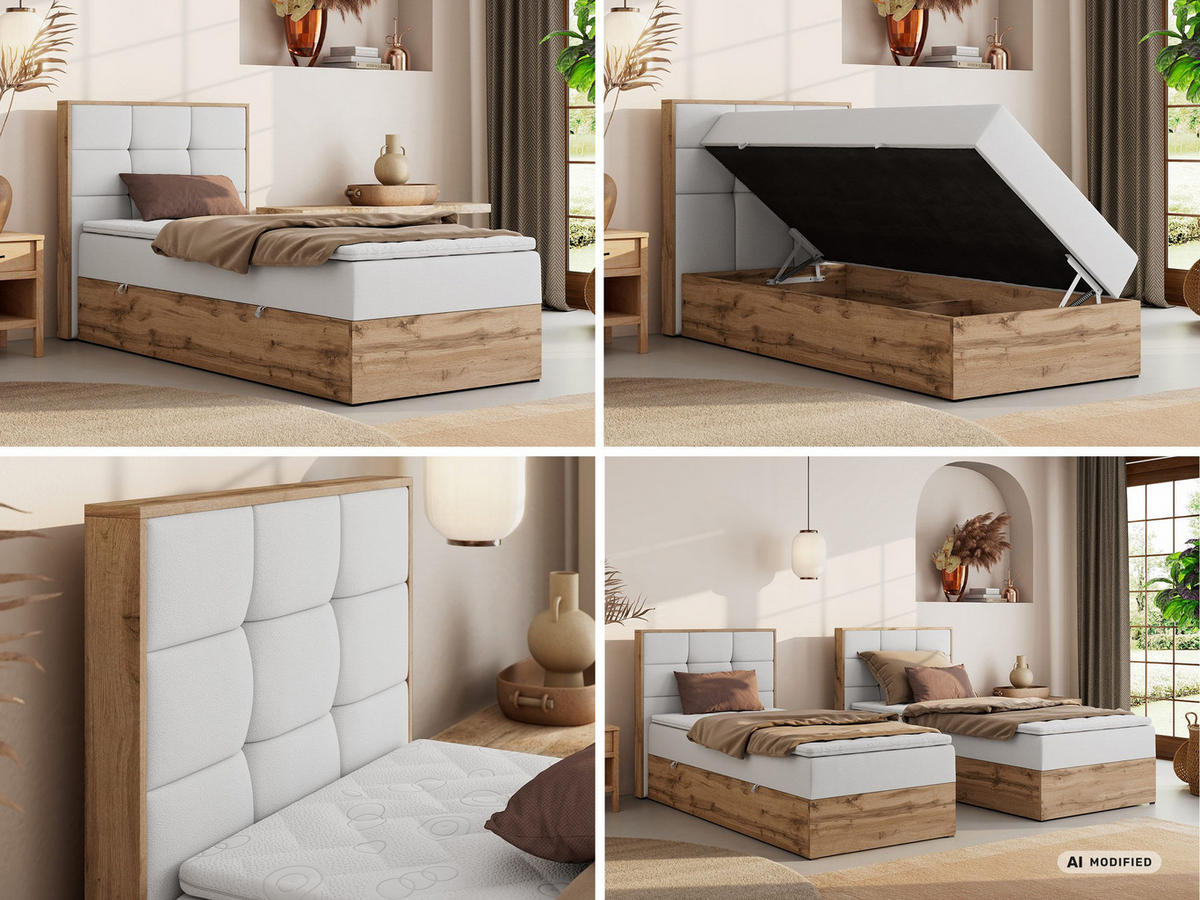 BOXBETT ALBERO 1 90/200 - Weiß Kunstleder - Topper T25 - H3 - Links - Schwarz/Weiß, Kunststoff/Textil (90/200cm) - MKS