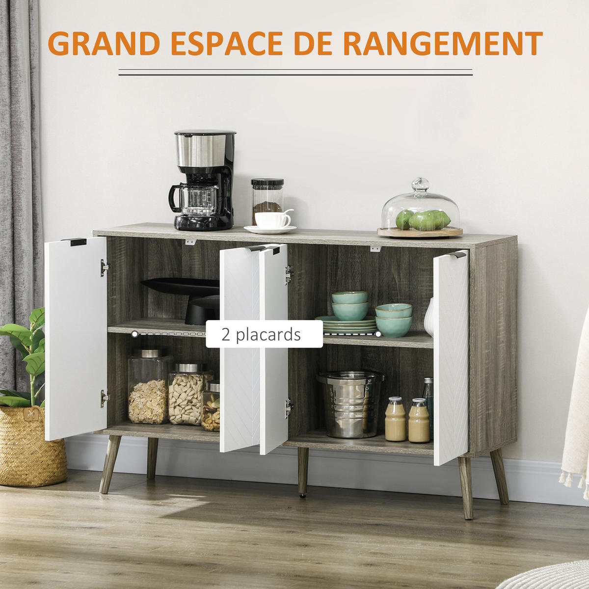 SIDEBOARD Weiß/Grau, 4 Türen, 120/35/77,4 cm - Grau, Holz (120/77.4/35cm) - PANGIVO