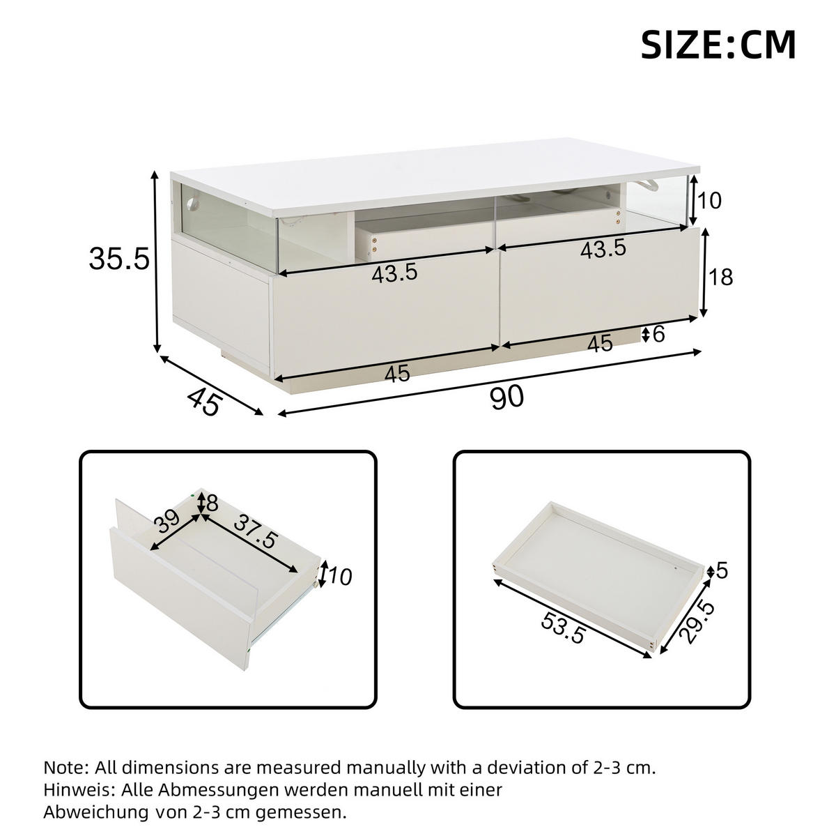 COUCHTISCH aus Spanplatte 90x45x35,5 cm Weiß mit LED, Tablett und 2 Schubladen - Weiß, Holzwerkstoff (90/45/35.5cm) - IVMEU