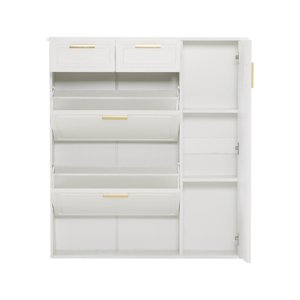 SCHUHSCHRANK in Weiß Schuhkommode mit verstellbaren Regalen goldenen Griffen Schubladen Klapptüren , B95/T24/H107cm - Weiß, Holzwerkstoff (95/107/24cm) - STILVORA