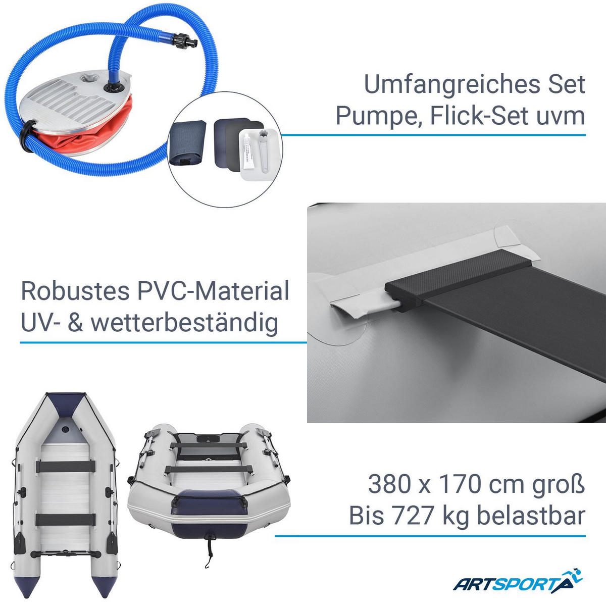 SCHLAUCHBOOT Paddelboot 3,80 m inkl. Tasche & Reparaturset - Grau, Kunststoff (380/170/77cm) - Artsport