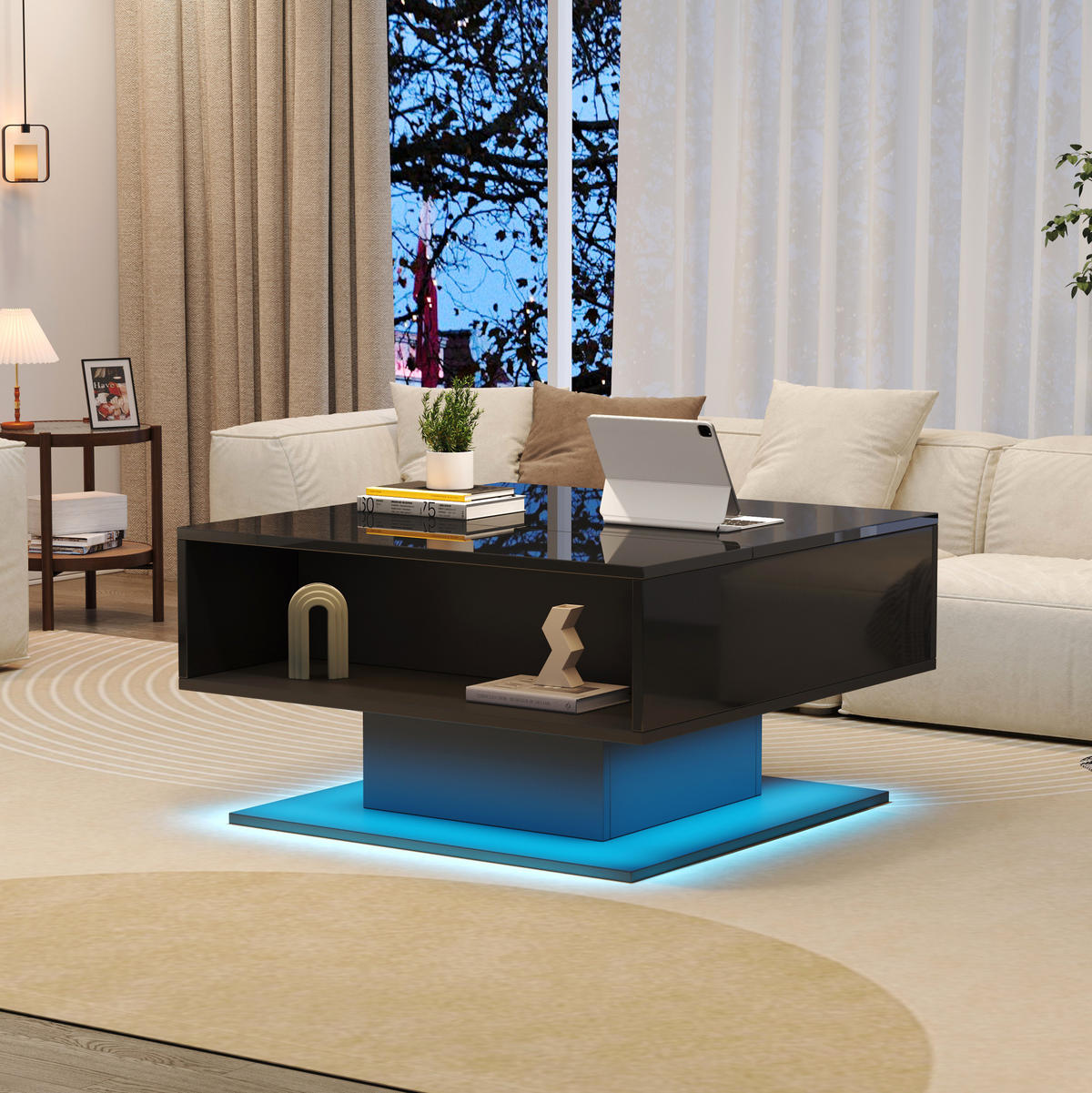 COUCHTISCH aus Spanplatte 80x75x40 cm in Schwarz mit LED & anhebbarer Tischplatte - Schwarz, Holzwerkstoff (75/80/40cm) - Modfu
