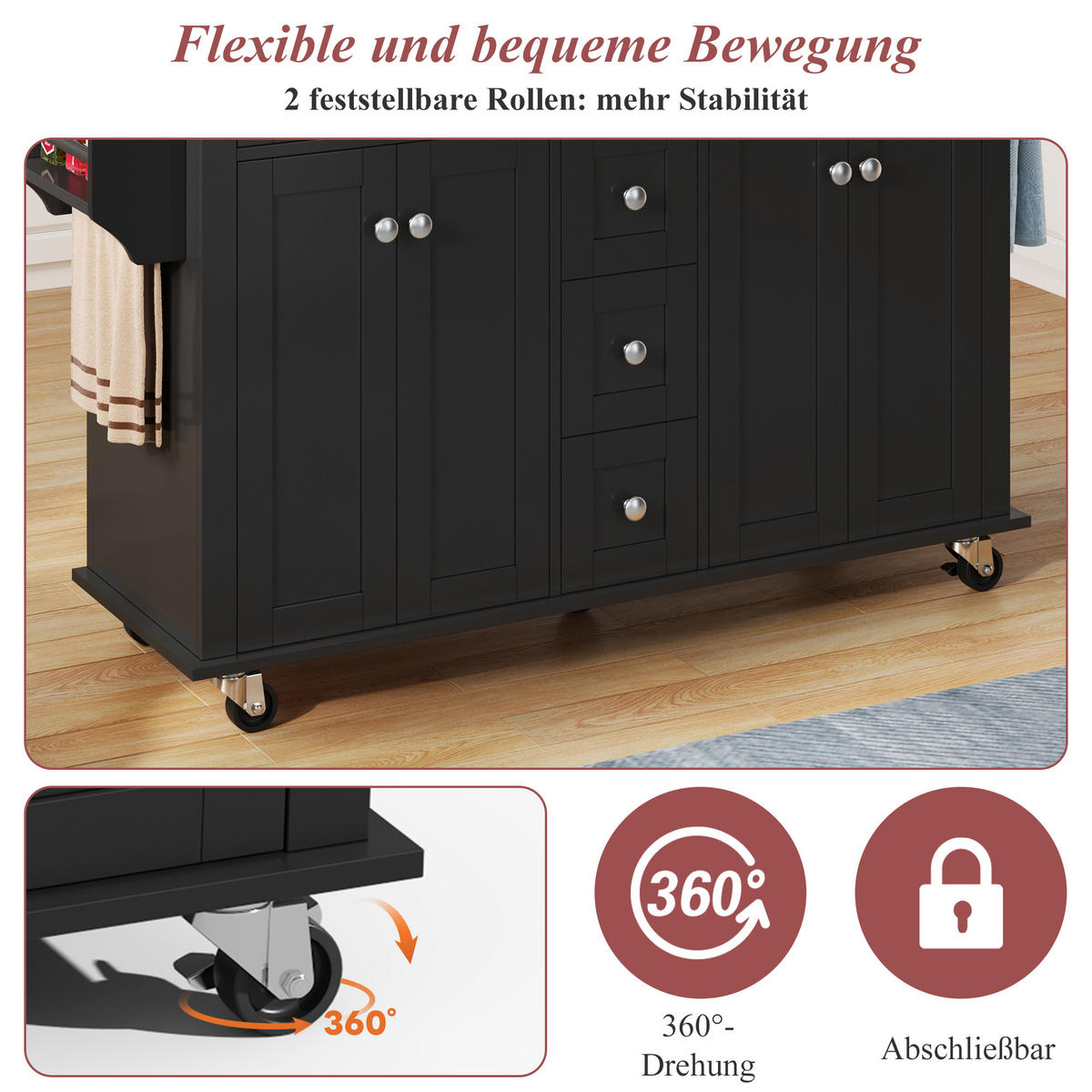 KÜCHENINSELWAGEN 140x65x89cm Schwarz mit ausklappbarer Platte, Schubladen & 5 Rollen - Schwarz, Holzwerkstoff (140/89/65cm) - Modfu