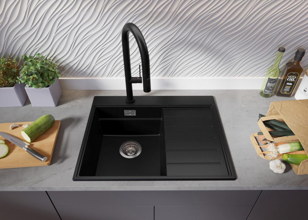SPÜLBECKEN Sydney, 2-er set Schwarz 62/50 cm 1 Becken + Ablauf-Set + Küchenzubehörset ab 40er Unterschrank - Chromfarben/Beige, Kunststoff (62/20/50cm) - Primagran