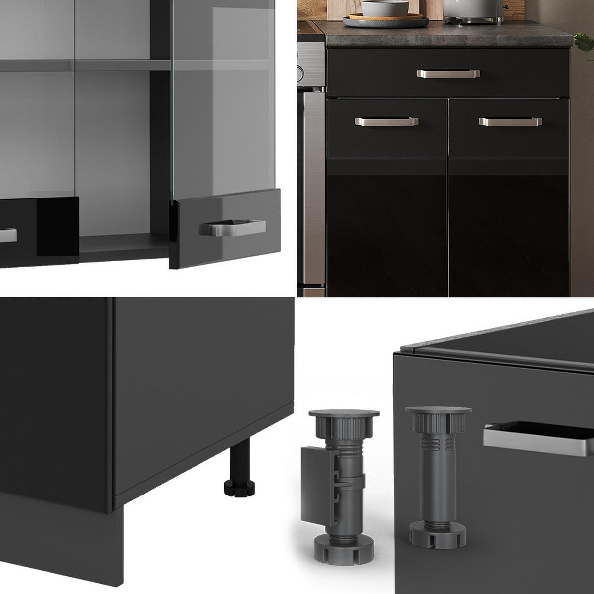 KÜCHENZEILE R-Line Schwarz Hochglanz/Anthrazit 200 cm, AP Marmor - Schwarz Hochglanz/Anthrazit, Holzwerkstoff (200/81.6/60cm) - Vicco