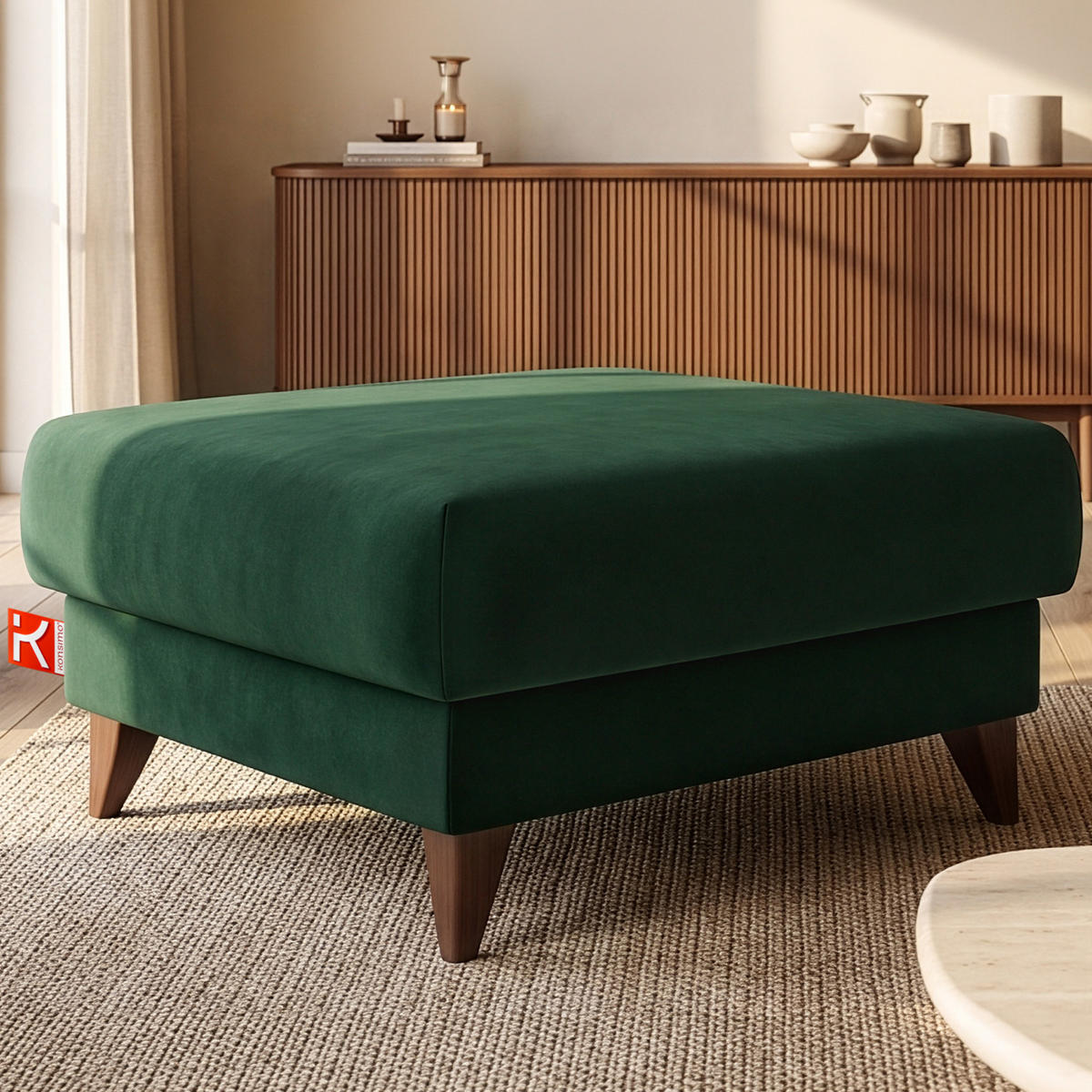 HOCKER GUSTAVO Velours, Dunkelgrün - Dunkelgrün, Holz/Holzwerkstoff (92/49/92cm) - KONSIMO®
