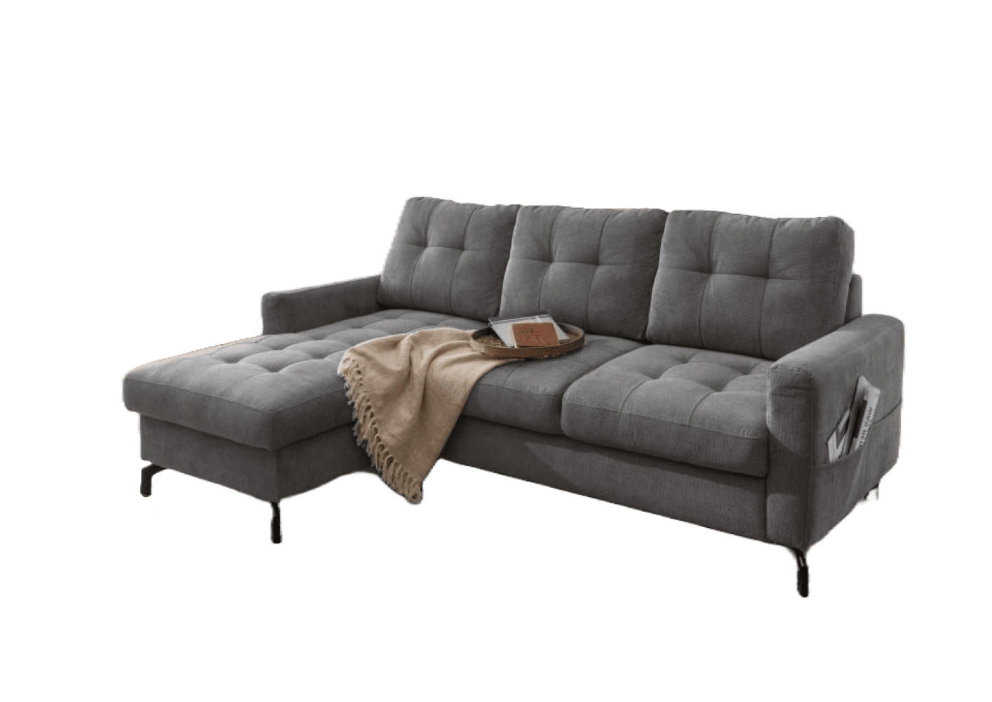 ECKSOFA mit Schlaffunktion und Bettkasten, Luxus-Mikrofaser - Dunkelgrau/Schwarz, Textil/Metall (230/150cm) - myHomelando