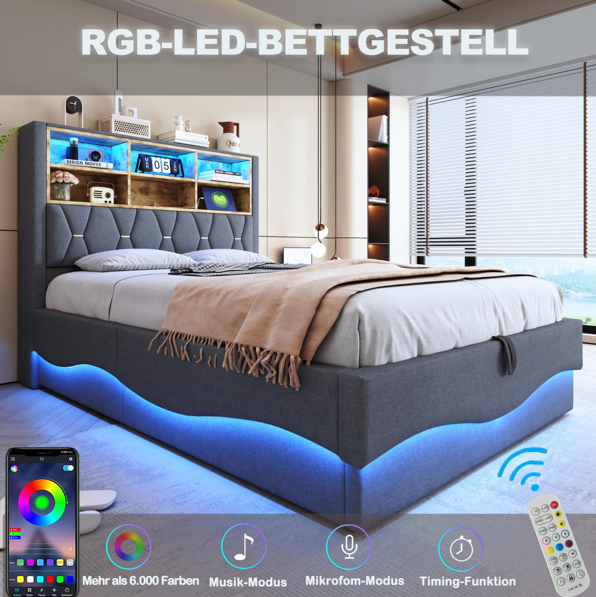 POLSTERBETT 140/200 cm Grau aus Leinen mit LED-Beleuchtung und Stauraum - Grau, Metall (140/200cm) - OKMYHOME