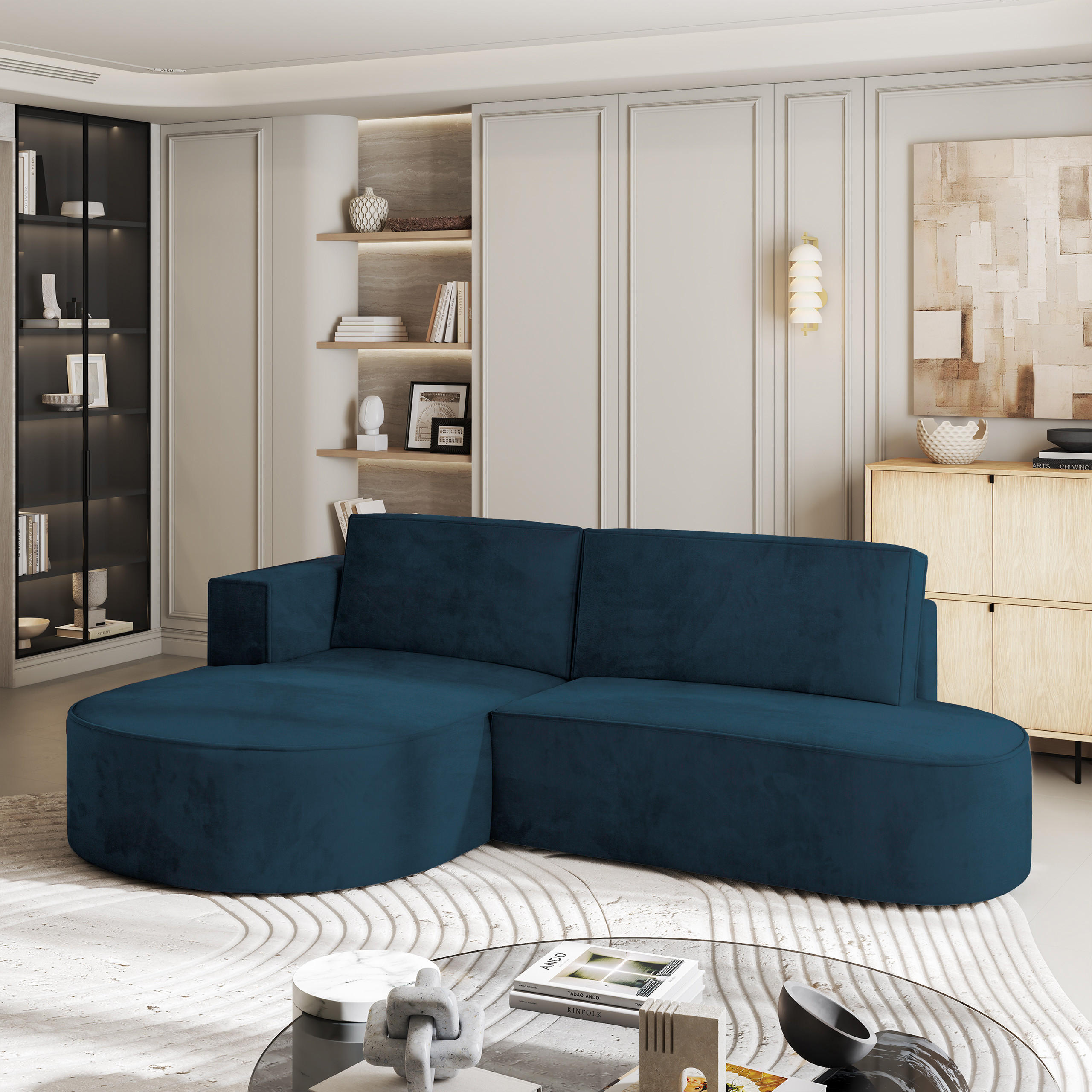 ECKSOFA CORTIO M L-S Blau Velours-Stoff mit Schlaffunktion - Blau, Holz (265/174cm) - MASSENO