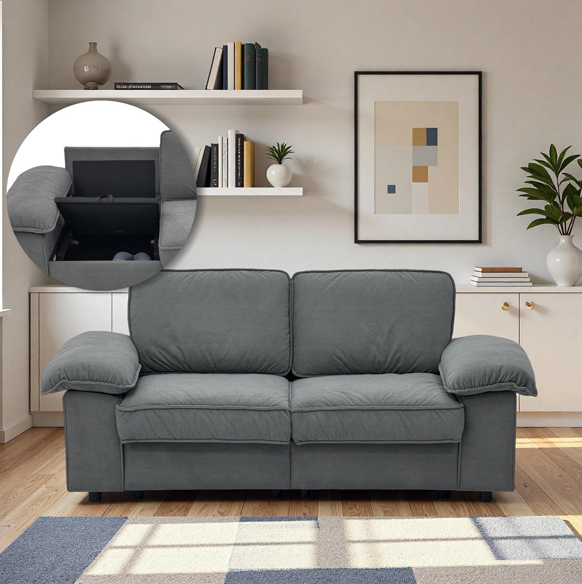 SOFA mit Stauraum und Taschenfederkern 61 cm Sitztiefe 201/91/89 cm Grau - Grau, Textil (91/89/201cm) - Redom