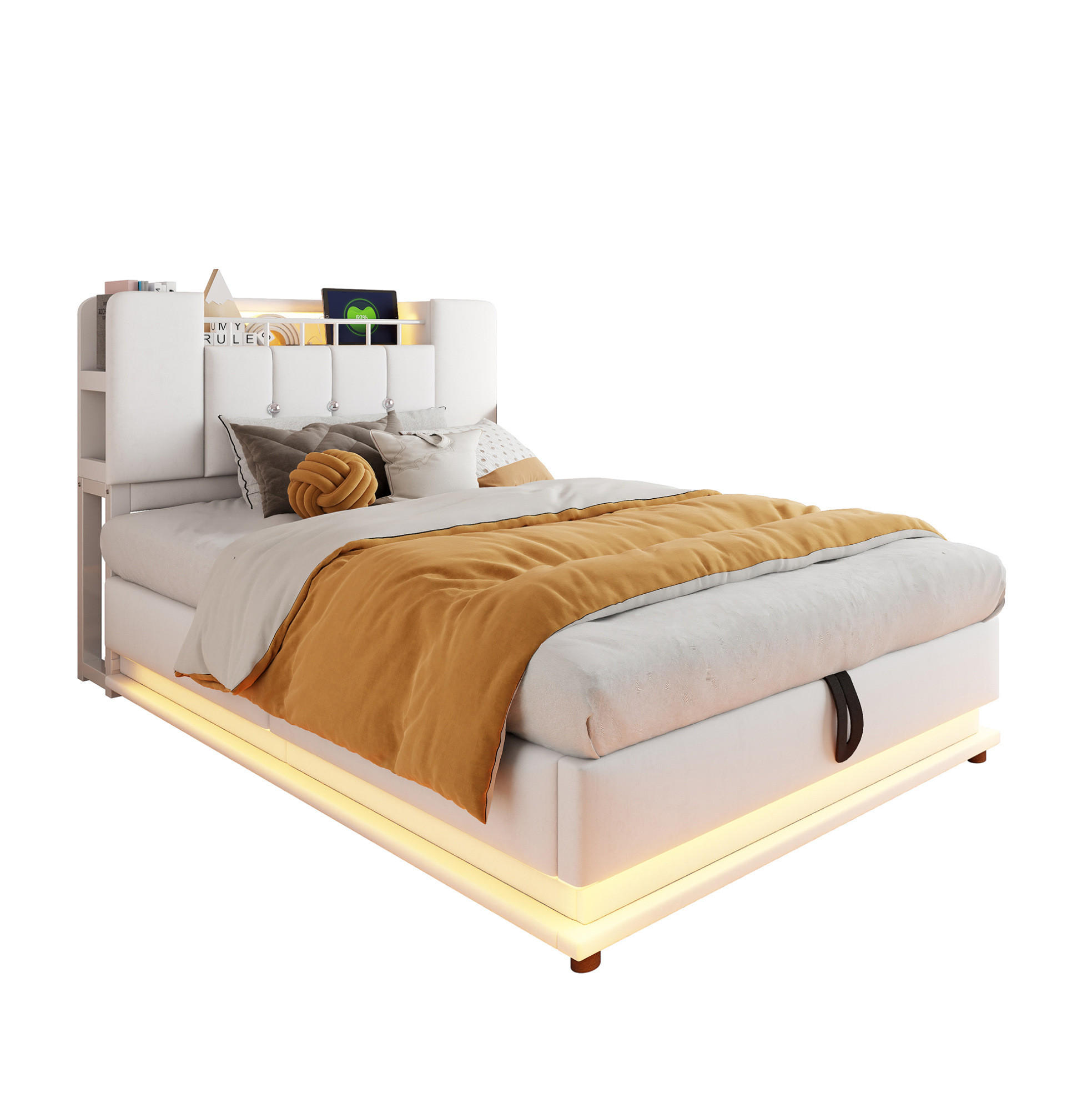 POLSTERBETT mit LED, USB und Stauraum 90x200 cm Beige - Beige, Metall (90/200cm) - Meubliv