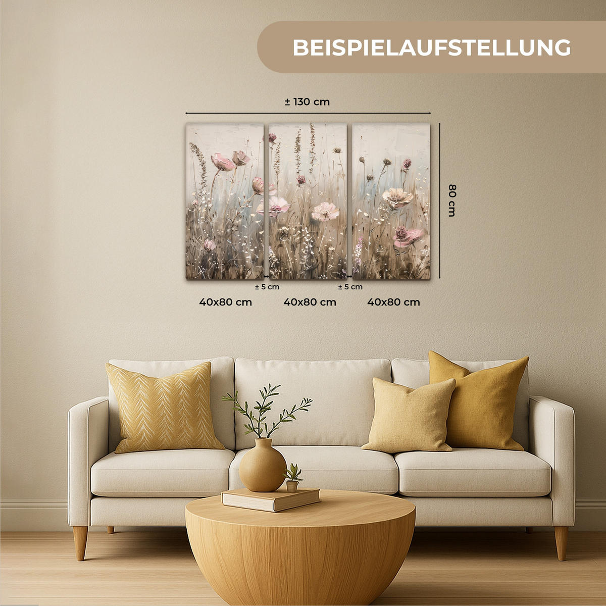 LEINWANDBILD 3er Set Blumen - Beige - Modern - Rosa 120x80 cm - Ecru, Textil (120/80cm) - MuchoWow