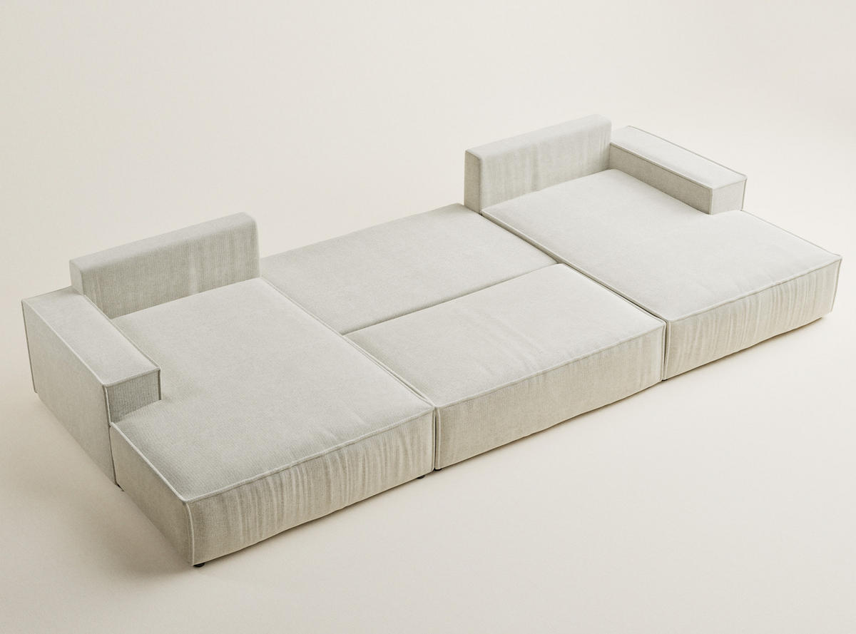 WOHNLANDSCHAFT Kyoto Creme Chenille-Stoff - Creme/Schwarz, Holz/Holzwerkstoff (398/70/148cm) - Maison de Reve