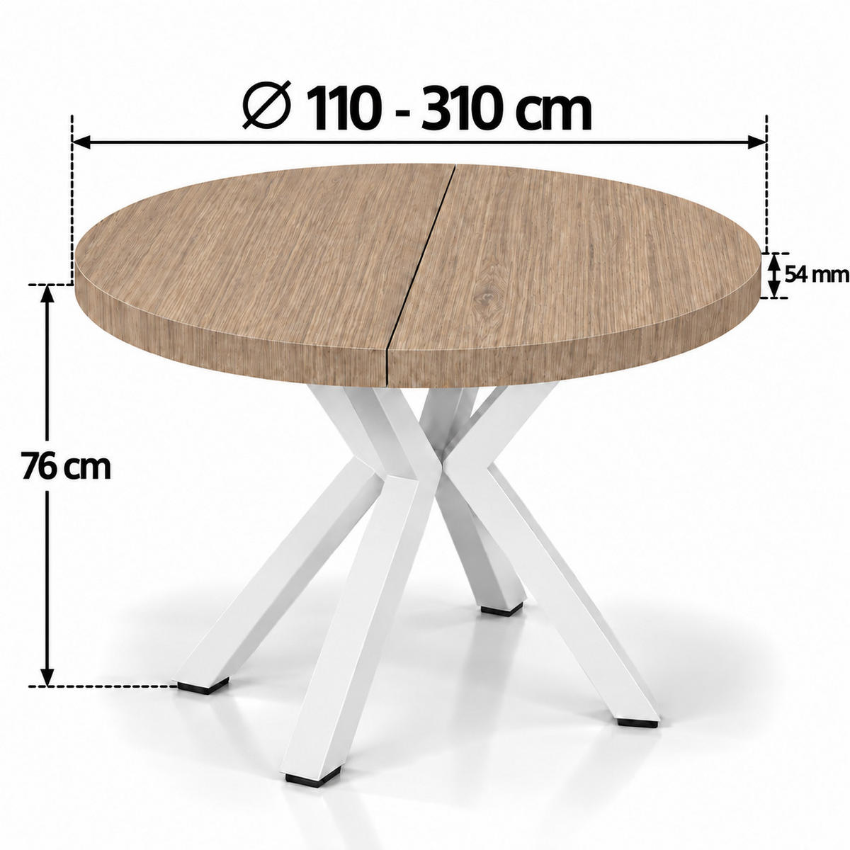 ESSTISCH rund ausziehbar 110-310/110/76 cm, Halifax Egger, 54 cm Tischplatte + X Metallbeine Weiß - Eichefarben/Weiß, Holzwerkstoff/Metall (110/110/76cm) - Damale Möbel