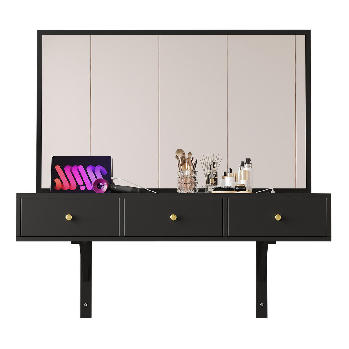 SCHMINKTISCH aus Spanplatte 100x45x105 cm Schwarz mit Spiegel, 3 Schubladen und Steckdosenleiste - Schwarz, Holzwerkstoff (100/105/45cm) - Modfu